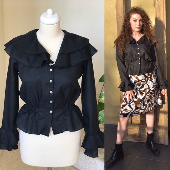 1970s Vintage Black Ruffle Button Down Blouse - Picture 1 of 8